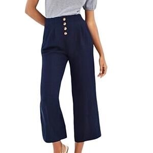 Loft XS navy wide leg cropped linen pleated button front pant P 2785